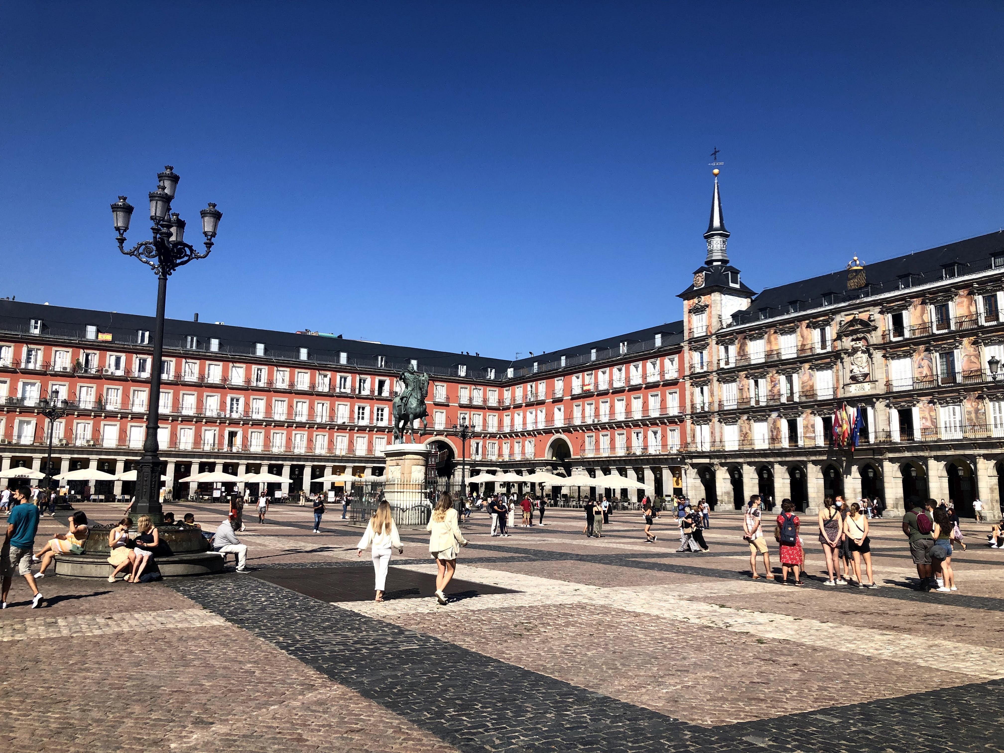people walking and standing around Plaza Mayor