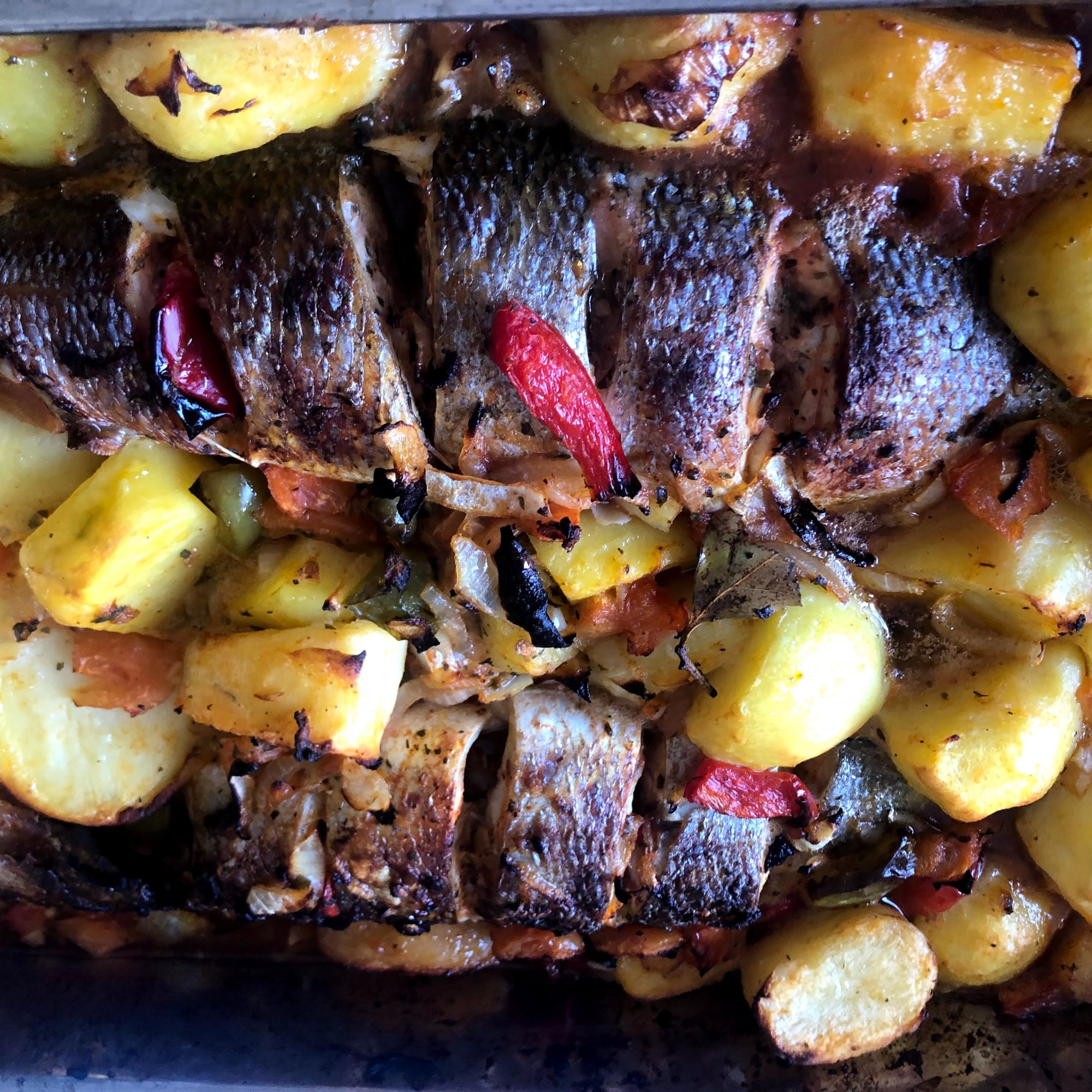 baked fish and potatoes